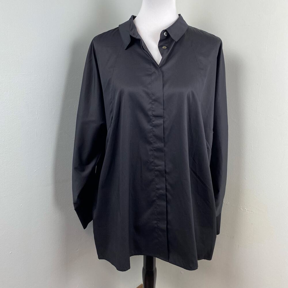 Harshman Black Terra Twill Long Sleeve V Neck Button Down Blouse Plus Size 3XL